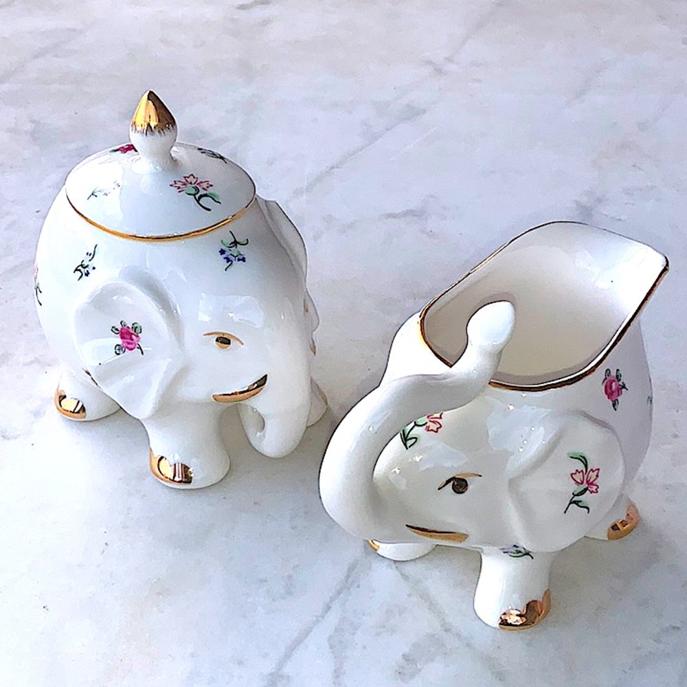 GRACE’S TEAWARE CREAMER & SUGAR BOWL SET ELEPHANT FLOWERS GOLD TRIM